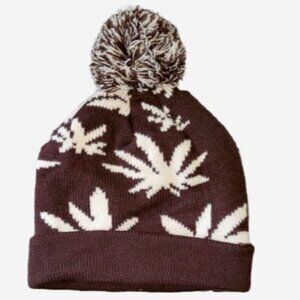 GK Brown Knit Hat Pom Beanie Leaves Cream Cozy Grunge Baddie Winter Skater